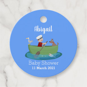 Cute boy sailor and dog rowing boat cartoon favour tags