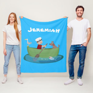 Cute boy sailor and dog rowing boat cartoon fleece blanket