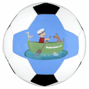Cute boy sailor and dog rowing boat cartoon football