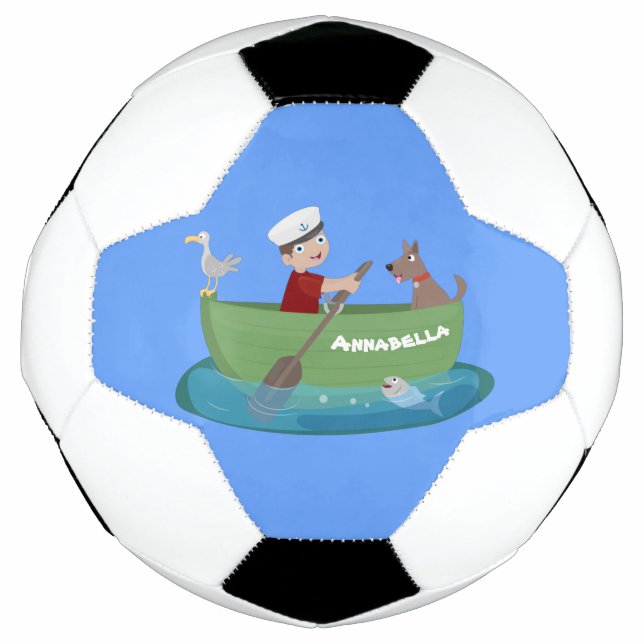 Cute boy sailor and dog rowing boat cartoon football (Front)