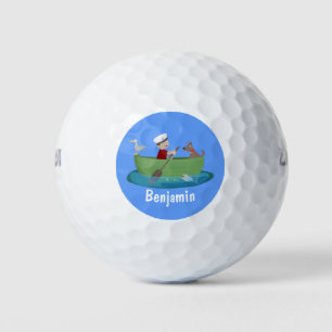 Cute boy sailor and dog rowing boat cartoon golf balls