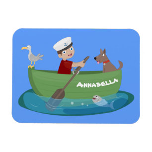 Cute boy sailor and dog rowing boat cartoon magnet