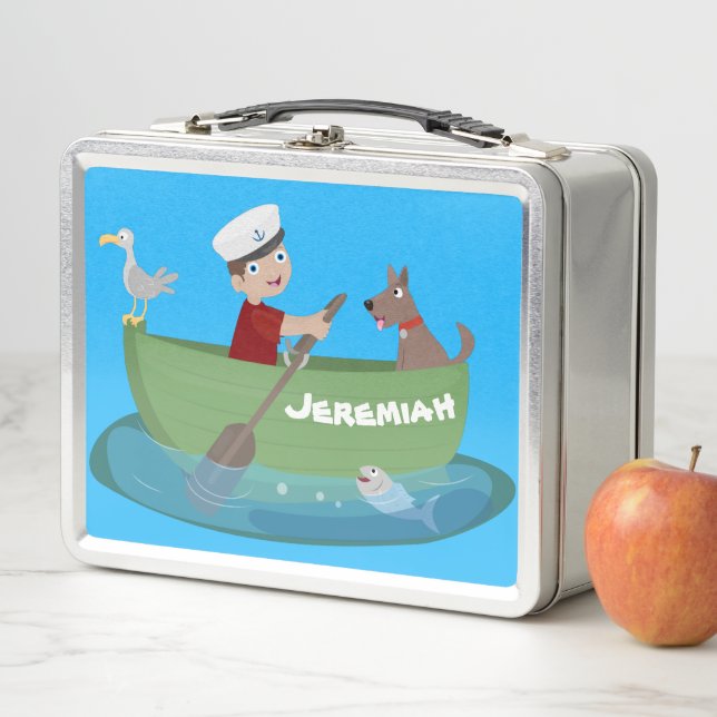 Cute boy sailor and dog rowing boat cartoon metal lunch box (In Situ)