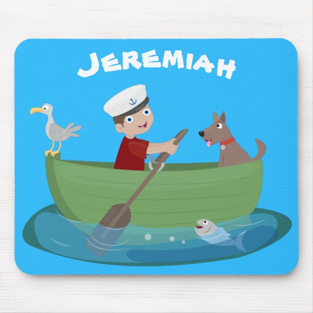 Cute boy sailor and dog rowing boat cartoon mouse mat (Front)