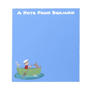 Cute boy sailor and dog rowing boat cartoon notepad