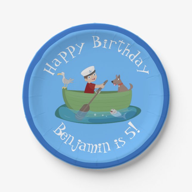 Cute boy sailor and dog rowing boat cartoon paper plate (Front)