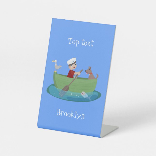 Cute boy sailor and dog rowing boat cartoon pedestal sign (Front)