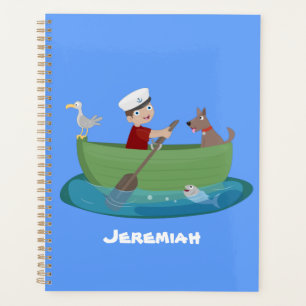 Cute boy sailor and dog rowing boat cartoon planner