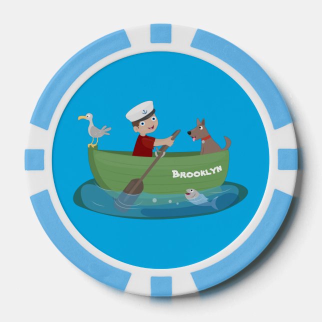 Cute boy sailor and dog rowing boat cartoon poker chips (Front)