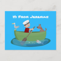 Cute boy sailor and dog rowing boat cartoon