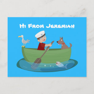Cute boy sailor and dog rowing boat cartoon postcard