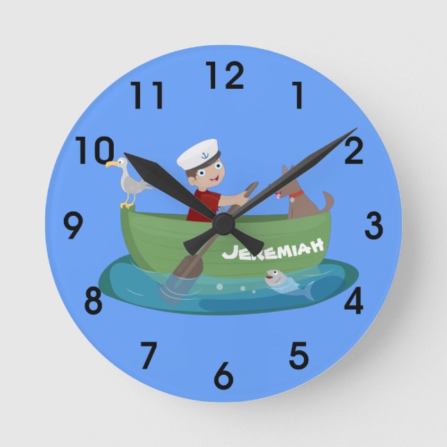 Cute boy sailor and dog rowing boat cartoon round clock (Front)
