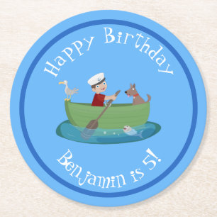 Cute boy sailor and dog rowing boat cartoon round paper coaster