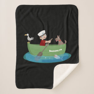 Cute boy sailor and dog rowing boat cartoon sherpa blanket
