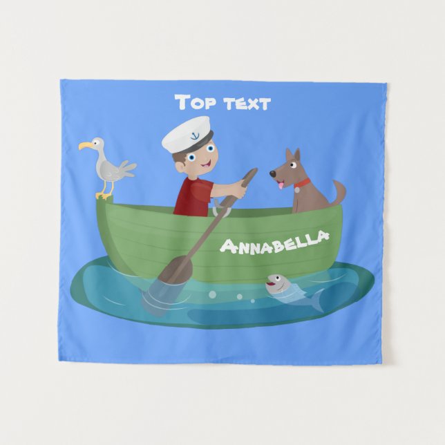 Cute boy sailor and dog rowing boat cartoon  tapestry (Front (Horizontal))