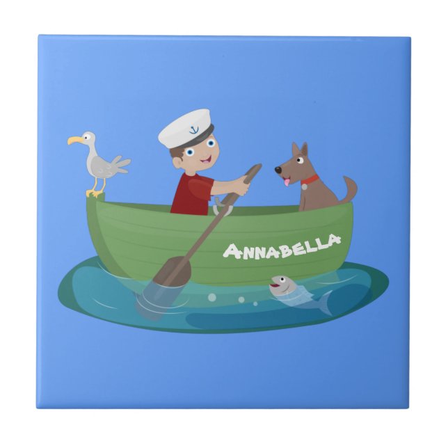 Cute boy sailor and dog rowing boat cartoon tile (Front)