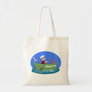 Cute boy sailor and dog rowing boat cartoon tote bag