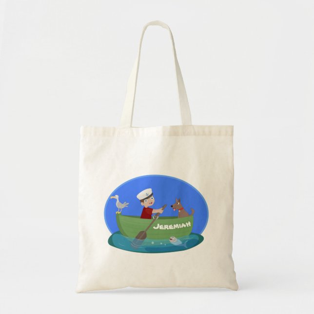 Cute boy sailor and dog rowing boat cartoon tote bag (Front)
