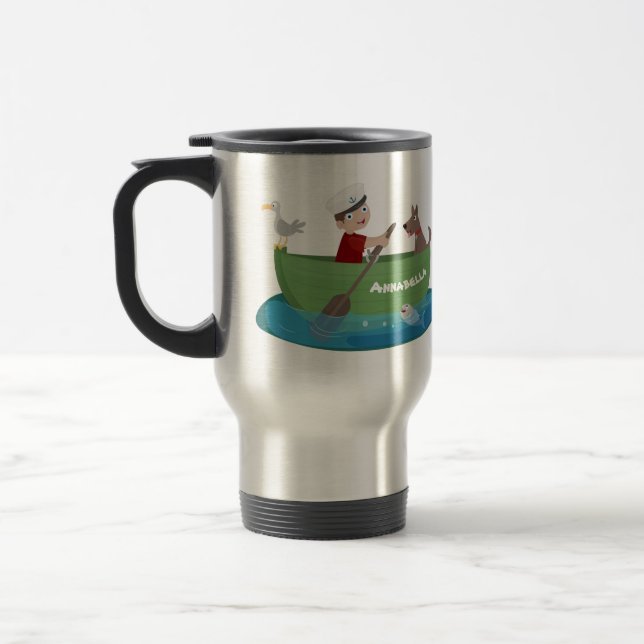 Cute boy sailor and dog rowing boat cartoon travel mug (Left)
