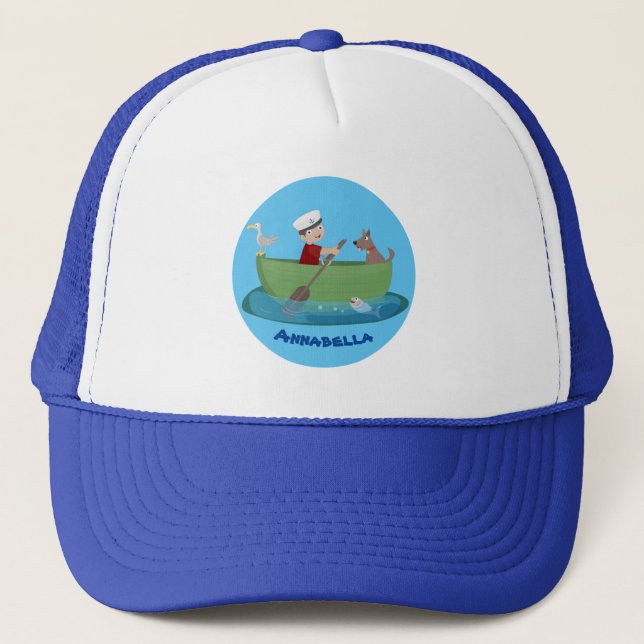Cute boy sailor and dog rowing boat cartoon trucker hat (Front)