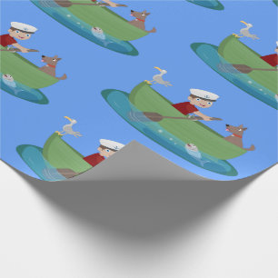 Cute boy sailor and dog rowing boat cartoon wrapping paper