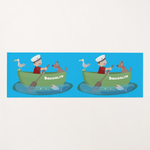 Cute boy sailor and dog rowing boat cartoon yoga mat