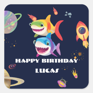 Cute Boy Shark Galaxy Rocket birthday party Square Sticker