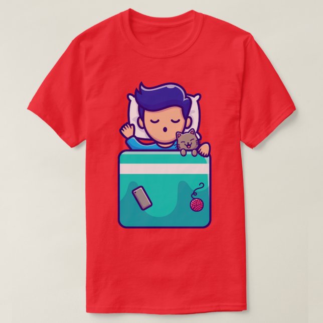 Cute Boy Sleeping With Cat Cartoon T-Shirt (Design Front)