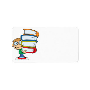 cute boy student with lots of books label
