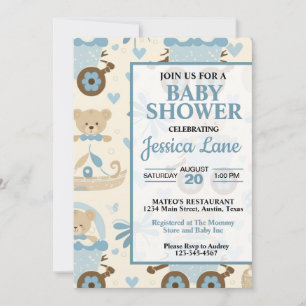 Cute Boy Teddy Bear Baby Shower Invitation