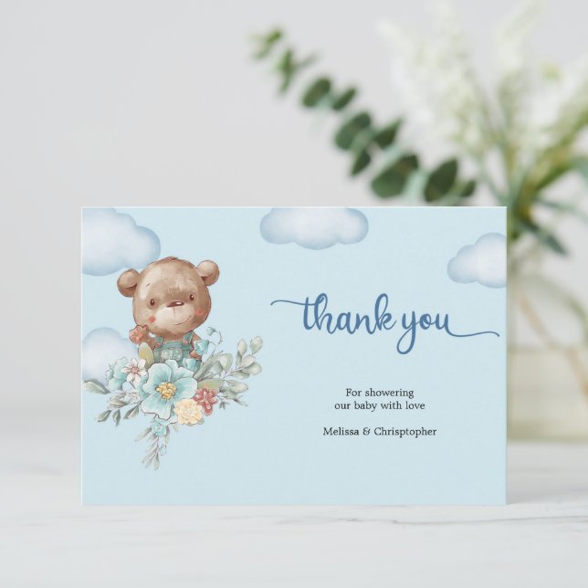 Cute boy teddy bear hot air balloon thank you enclosure card (Standing Front)