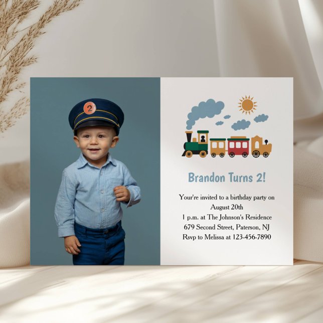 Cute Boy Train Photo Kids 2nd Birthday Party Invitation (Creator Uploaded)
