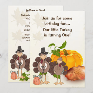 Cute Boy Turkey Thanksgiving 1st Birthday Invitation