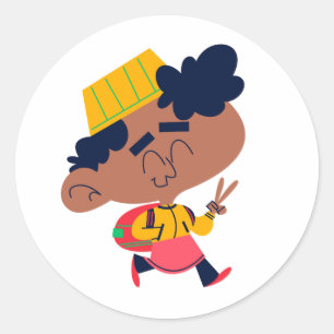 Cute Boy Walking to School Peace Sign Sticker