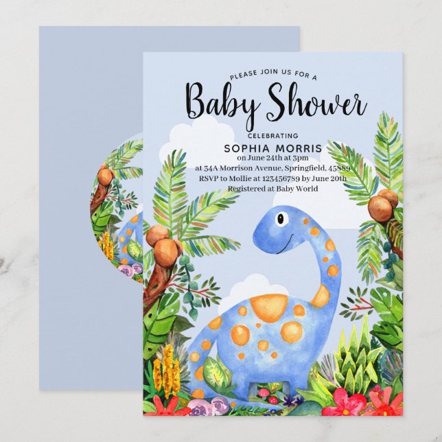Cute Boy Watercolor Dinosaur Modern Baby Shower Invitation (Front/Back)