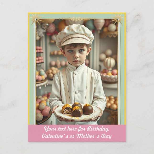 Cute boy with handmade gourmet sweets custom postcard (Front)