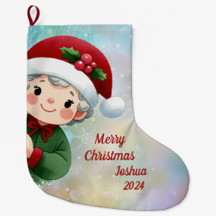 Cute Boy with Santa Hat Large Christmas Stocking