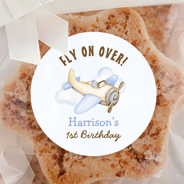 Cute Boy's Aeroplane Theme 1st Birthday Party Classic Round Sticker (Creator Uploaded)