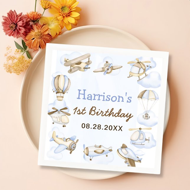 Cute Boy's Aeroplane Theme 1st Birthday Party Napkin (Creator Uploaded)