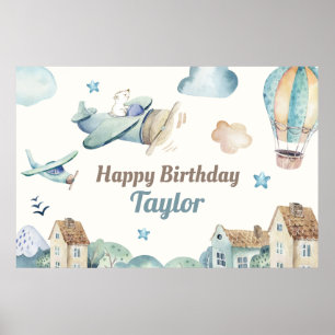Cute Boy's Aeroplane Theme Happy Birthday Banner Poster