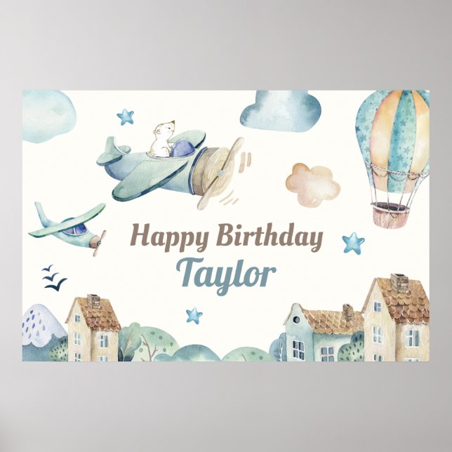 Cute Boy's Aeroplane Theme Happy Birthday Banner Poster (Front)
