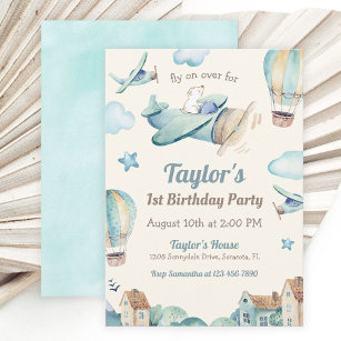 Cute Boy's Airplane Theme 1st Birthday Party Invitation