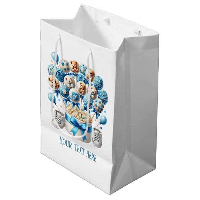 Cute boys baby shower customisable medium gift bag (Front Angled)