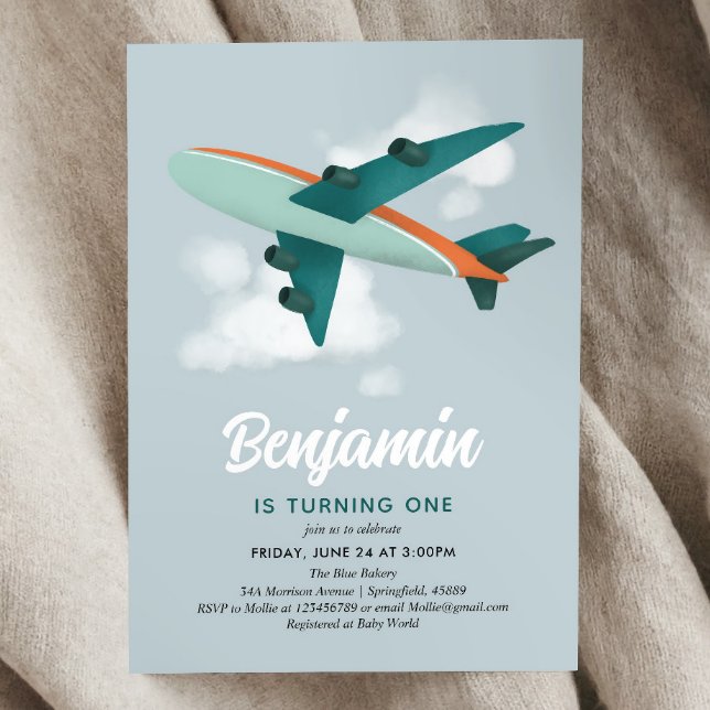 Cute Boys Blue Aeroplane Travel 1st Birthday Invitation (Creator Uploaded)