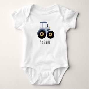 Cute Boys Blue Farm Tractor with Name Baby Bodysuit