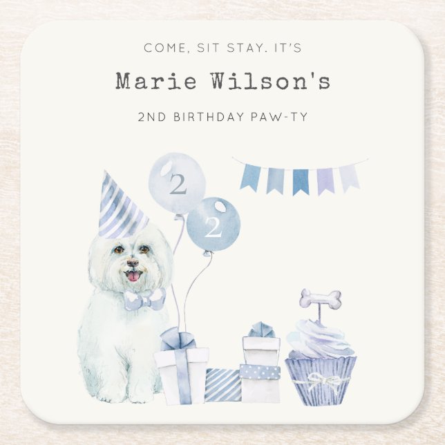 Cute Boys Blue Party Puppy Dog Any Age Birthday Square Paper Coaster (Front)