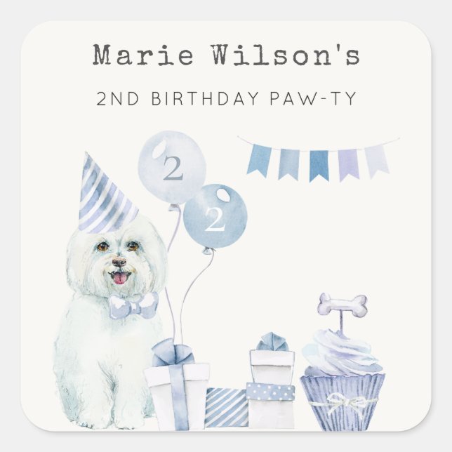 Cute Boys Blue Party Puppy Dog Any Age Birthday Square Sticker (Front)