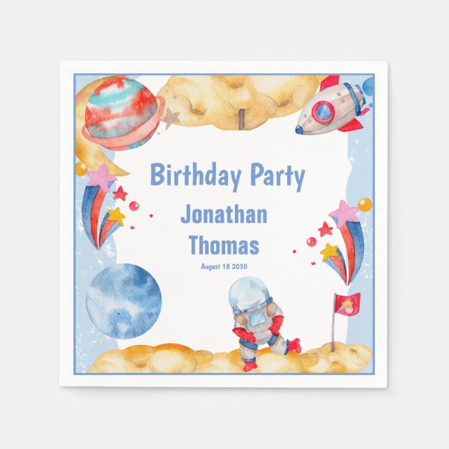 Cute Boys Blue Red Outerspace Astronaut Planets Napkin (Front)