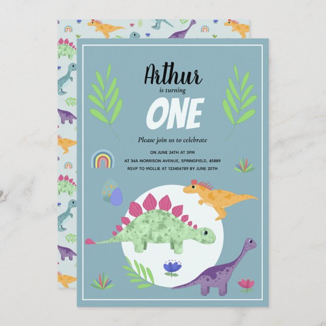 Cute Boys Blue T-Rex Dinosaur Jungle 1st Birthday Invitation (Front/Back)