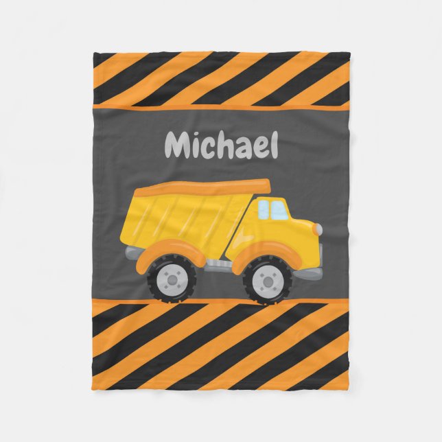 Cute boys construction dump truck add name fleece blanket (Front)